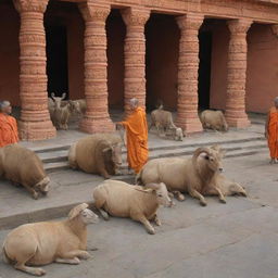 Various respectful animals congregated in the sacred Ram Mandir, in a state of devotion, signifying unity and profound reverence.