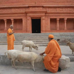 Various respectful animals congregated in the sacred Ram Mandir, in a state of devotion, signifying unity and profound reverence.