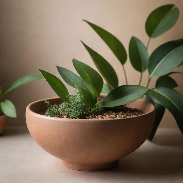 A handcrafted ceramic bowl in earth tones under soft lighting, surrounded by lush plants, in the style of a commercial photography