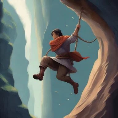In the magical realm of the fantasy novel, a hero swings on a woven rope to cross a treacherous chasm.