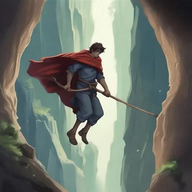 In the magical realm of the fantasy novel, a hero swings on a woven rope to cross a treacherous chasm.