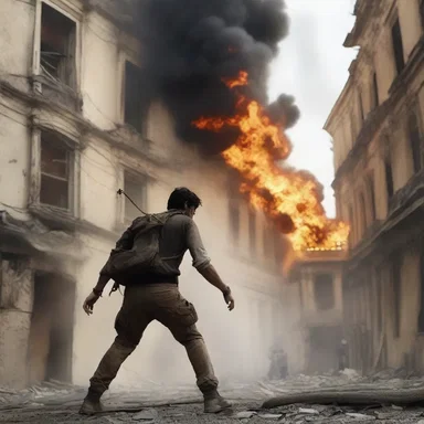 In the action-packed movie, the protagonist uses a rope to rescue civilians from a burning building.