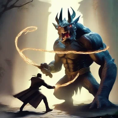 As the epic battle unfolded, the protagonist skillfully roped the powerful monster with his enchanted lasso, sealing its powers.