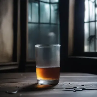 The atmosphere in the haunted house was unnerving, yet the liquid inside the glass remained unstirred, defying the eerie surroundings.