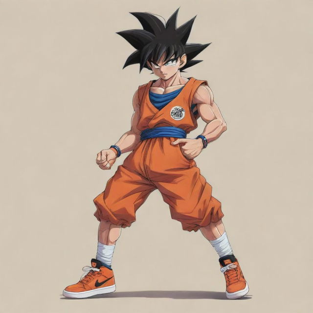 Anime stylized Goku wearing Air Jordan sneakers, posed dynamically. Blend traditional DBZ aesthetics with streetwear culture.