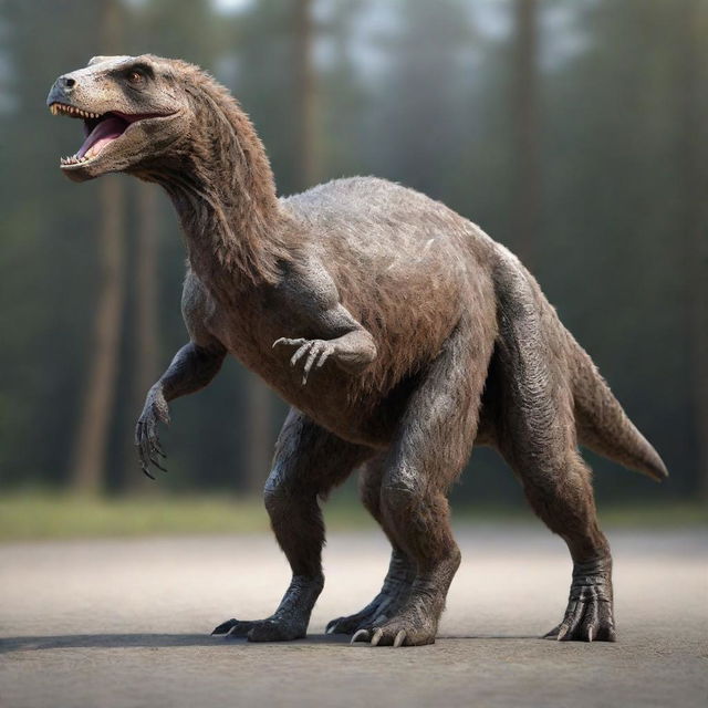 A realistic 3D image showing a fusion of a bear and a velociraptor, standing on its two legs.