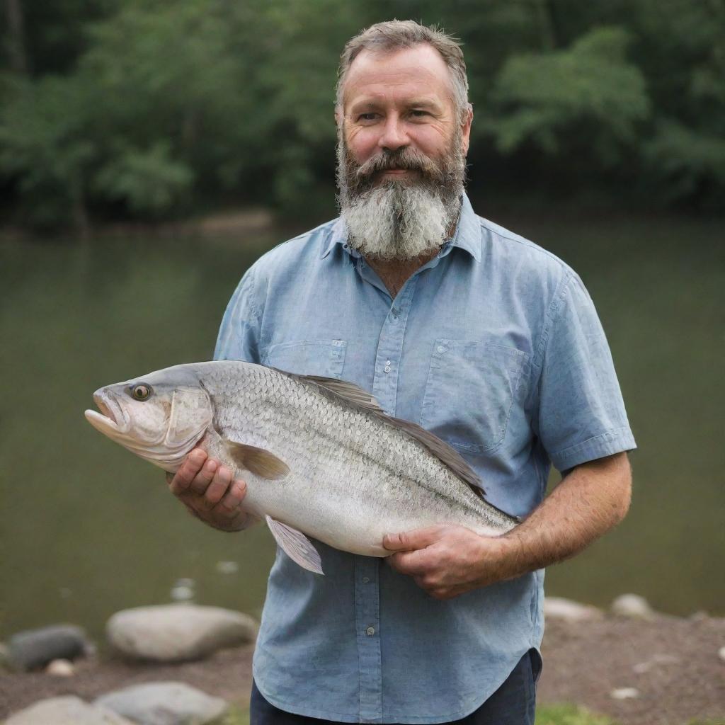 A rugged 50-year-old bearded man proudly holding a large fish while standing in front of a serene pond, donned in a casual shirt.