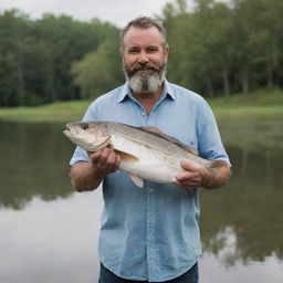 A rugged 50-year-old bearded man proudly holding a large fish while standing in front of a serene pond, donned in a casual shirt.