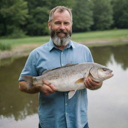 A rugged 50-year-old bearded man proudly holding a large fish while standing in front of a serene pond, donned in a casual shirt.