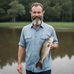 A rugged 50-year-old bearded man proudly holding a large fish while standing in front of a serene pond, donned in a casual shirt.