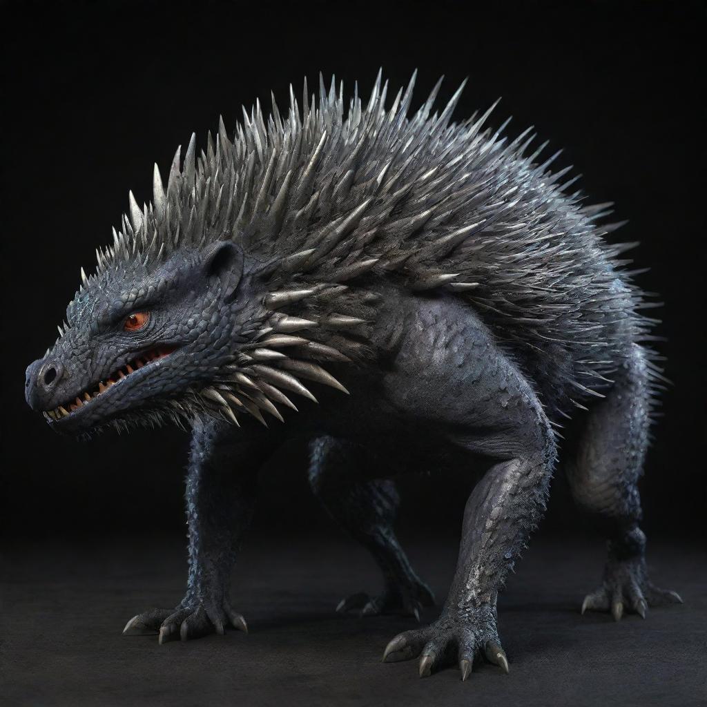 A realistic 3D image of a dragon-porcupine fusion covered in spikes throughout its skin, giving off the dark and ominous aura of a dragon.