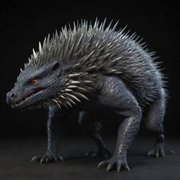 A realistic 3D image of a dragon-porcupine fusion covered in spikes throughout its skin, giving off the dark and ominous aura of a dragon.