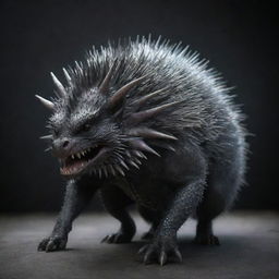 A realistic 3D image of a dragon-porcupine fusion covered in spikes throughout its skin, giving off the dark and ominous aura of a dragon.