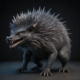 A realistic 3D image of a dragon-porcupine fusion covered in spikes throughout its skin, giving off the dark and ominous aura of a dragon.