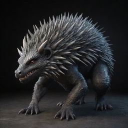 A realistic 3D image of a dragon-porcupine fusion covered in spikes throughout its skin, giving off the dark and ominous aura of a dragon.