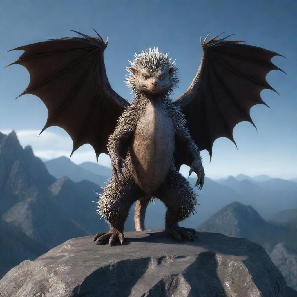 The same 3D image of the dragon-porcupine fusion character, now made more enormous with giant wings, and perched on a shadowy mountain.