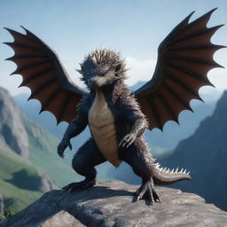 The same 3D image of the dragon-porcupine fusion character, now made more enormous with giant wings, and perched on a shadowy mountain.