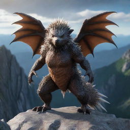 The same 3D image of the dragon-porcupine fusion character, now made more enormous with giant wings, and perched on a shadowy mountain.