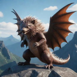 The same 3D image of the dragon-porcupine fusion character, now made more enormous with giant wings, and perched on a shadowy mountain.