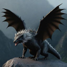 Increase the size and ominous aura of the same 3D dragon-porcupine hybrid image, standing on a dark mountain with larger, more intimidating wings, while retaining its original features and design.