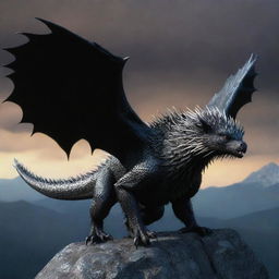 Increase the size and ominous aura of the same 3D dragon-porcupine hybrid image, standing on a dark mountain with larger, more intimidating wings, while retaining its original features and design.