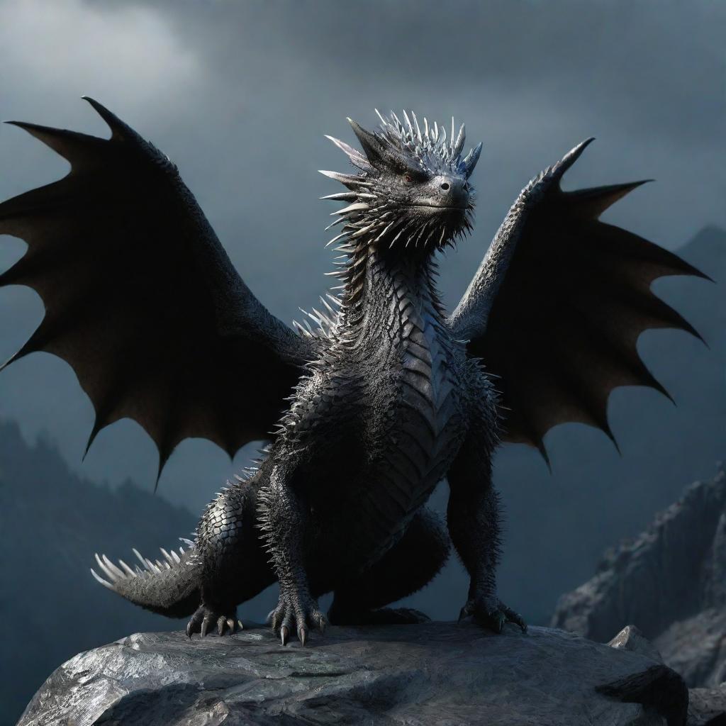 Increase the size and ominous aura of the same 3D dragon-porcupine hybrid image, standing on a dark mountain with larger, more intimidating wings, while retaining its original features and design.