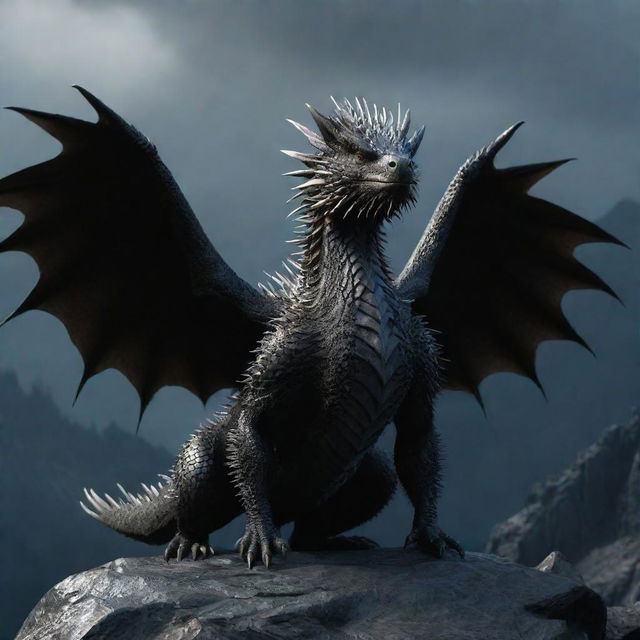 Increase the size and ominous aura of the same 3D dragon-porcupine hybrid image, standing on a dark mountain with larger, more intimidating wings, while retaining its original features and design.