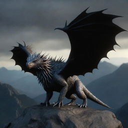 Increase the size and ominous aura of the same 3D dragon-porcupine hybrid image, standing on a dark mountain with larger, more intimidating wings, while retaining its original features and design.