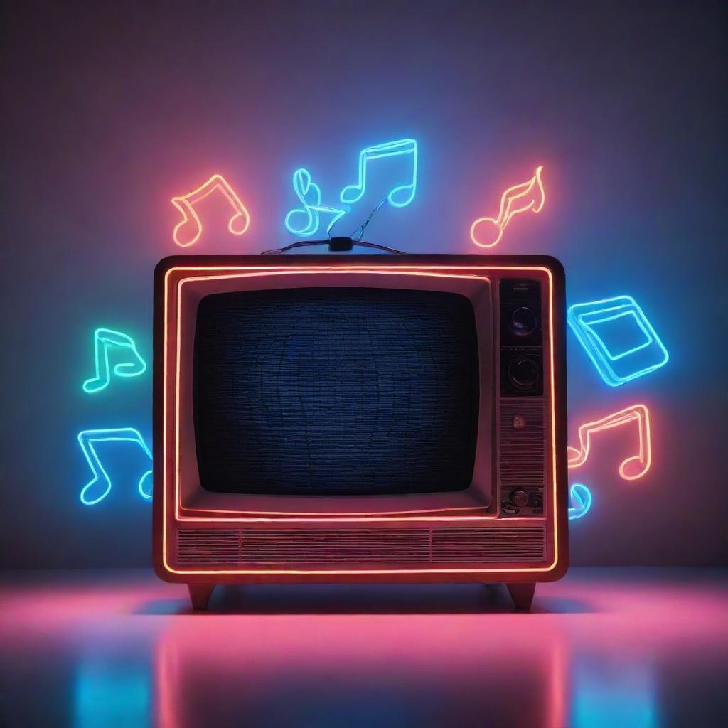 A vintage TV playing a funky, rhythmic music with neon lights flashing in the shapes of music notes and records around it.