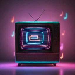 A vintage TV playing a funky, rhythmic music with neon lights flashing in the shapes of music notes and records around it.