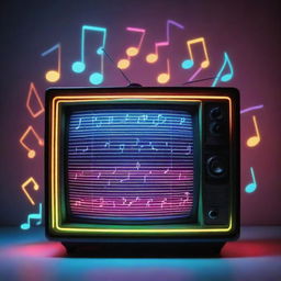 A vintage TV playing a funky, rhythmic music with neon lights flashing in the shapes of music notes and records around it.