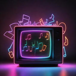 A vintage TV playing a funky, rhythmic music with neon lights flashing in the shapes of music notes and records around it.