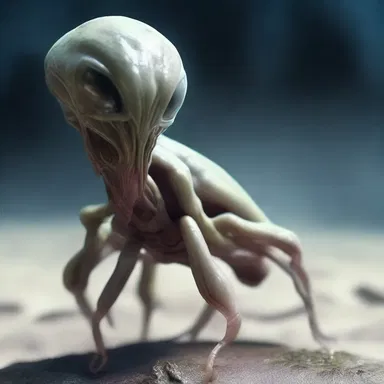 The alien creature had grapelike growths protruding from its slimy skin, giving it an otherworldly appearance.