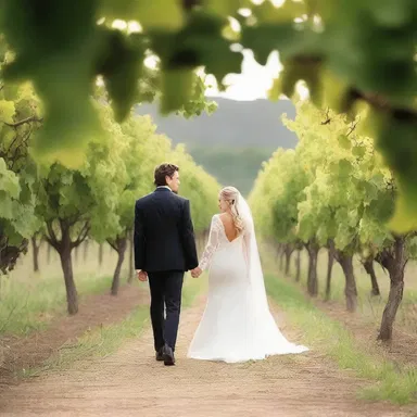 The couple strolled hand in hand through the vineyard, surrounded by the lush grapelike clusters hanging from the vines, creating a picturesque scene.