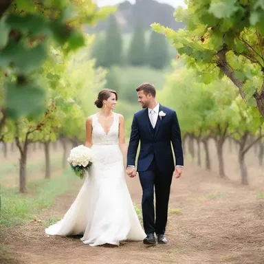 The couple strolled hand in hand through the vineyard, surrounded by the lush grapelike clusters hanging from the vines, creating a picturesque scene.