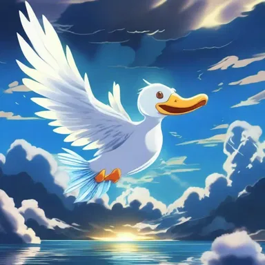 In the fantasy world of the anime series, the fish duck soared through the sky, its vibrant feathers illuminating the dark clouds above.