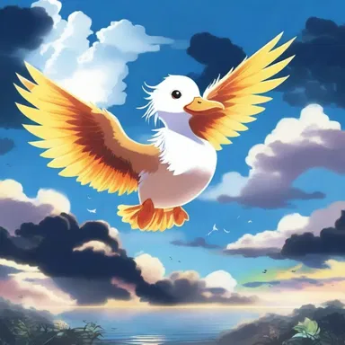 In the fantasy world of the anime series, the fish duck soared through the sky, its vibrant feathers illuminating the dark clouds above.