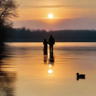 As the sun set over the tranquil lake, the fish duck gracefully glided across the water, captivating the hearts of the young couple on their romantic evening stroll.