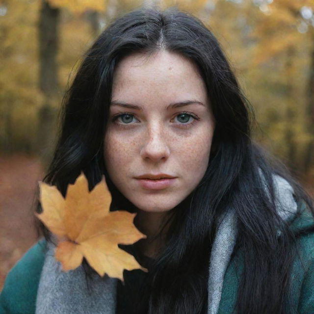 Capture a raw-style 4K HD, medium-distance, casual photo taken by a friend of a 23-year-old female with green eyes, freckles, and long black hair, as she observes autumn leaves.