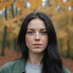 Capture a raw-style 4K HD, medium-distance, casual photo taken by a friend of a 23-year-old female with green eyes, freckles, and long black hair, as she observes autumn leaves.