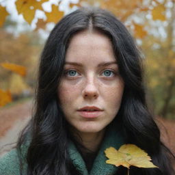 Capture a raw-style 4K HD, medium-distance, casual photo taken by a friend of a 23-year-old female with green eyes, freckles, and long black hair, as she observes autumn leaves.