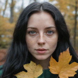 Capture a raw-style 4K HD, medium-distance, casual photo taken by a friend of a 23-year-old female with green eyes, freckles, and long black hair, as she observes autumn leaves.