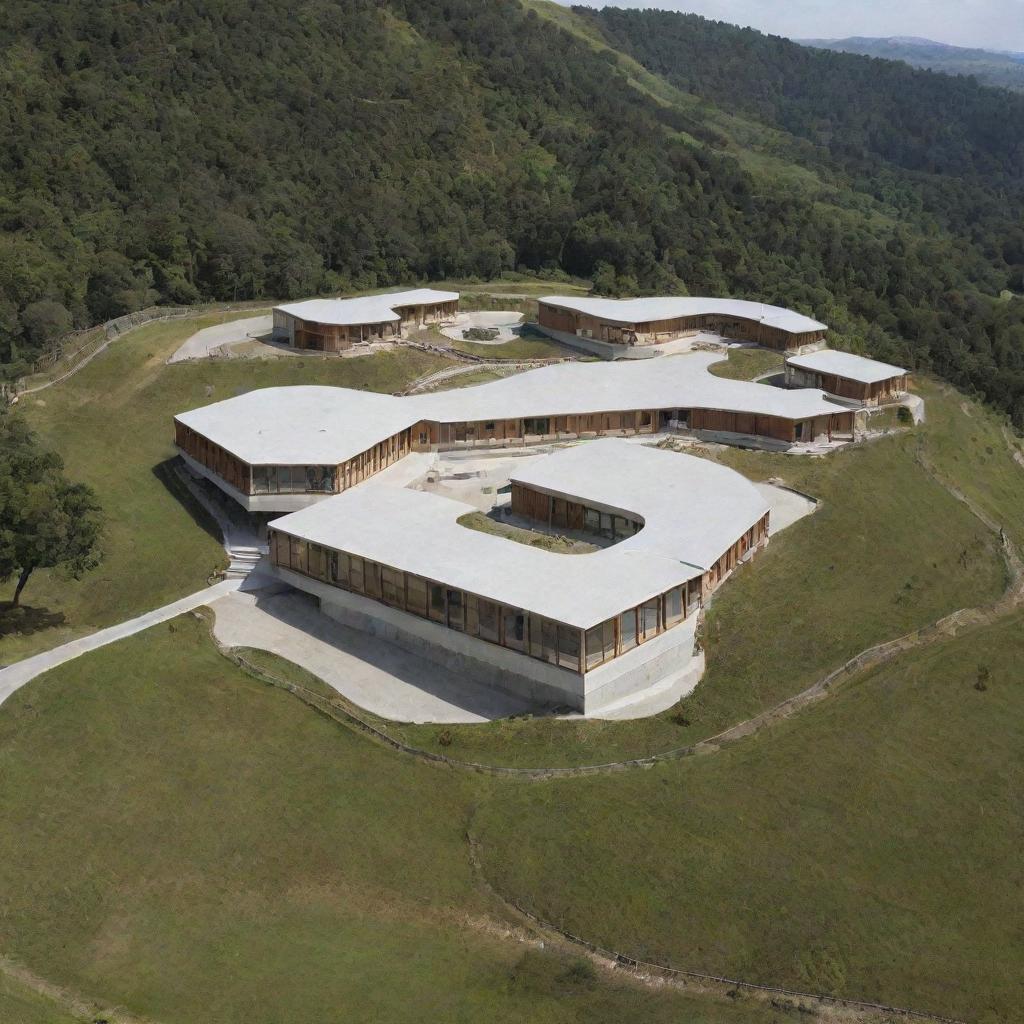 A uniquely designed school building situated on a sloping hillside, with innovative architectural solutions to adapt to the terrain.