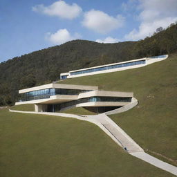 A uniquely designed school building situated on a sloping hillside, with innovative architectural solutions to adapt to the terrain.