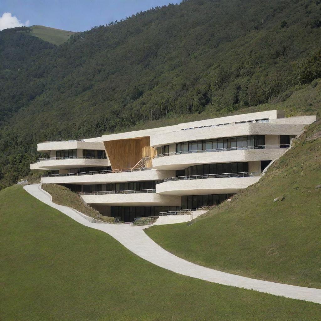 A uniquely designed school building situated on a sloping hillside, with innovative architectural solutions to adapt to the terrain.