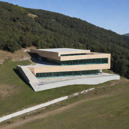 A uniquely designed school building situated on a sloping hillside, with innovative architectural solutions to adapt to the terrain.