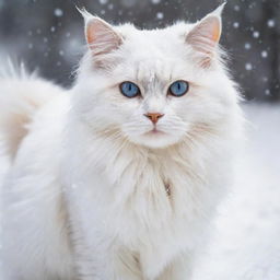 A fluffy cat with bright, piercing eyes, its fur contrasting the falling snowflakes around it, leaving soft paw prints on the fresh, untouched white snow.