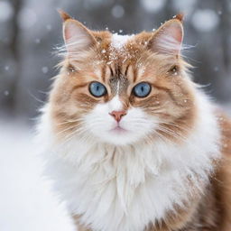 A fluffy cat with bright, piercing eyes, its fur contrasting the falling snowflakes around it, leaving soft paw prints on the fresh, untouched white snow.