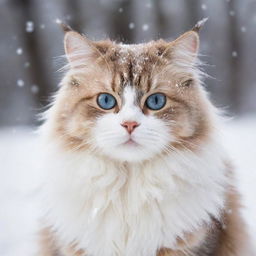 A fluffy cat with bright, piercing eyes, its fur contrasting the falling snowflakes around it, leaving soft paw prints on the fresh, untouched white snow.