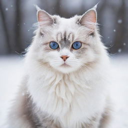 A fluffy cat with bright, piercing eyes, its fur contrasting the falling snowflakes around it, leaving soft paw prints on the fresh, untouched white snow.